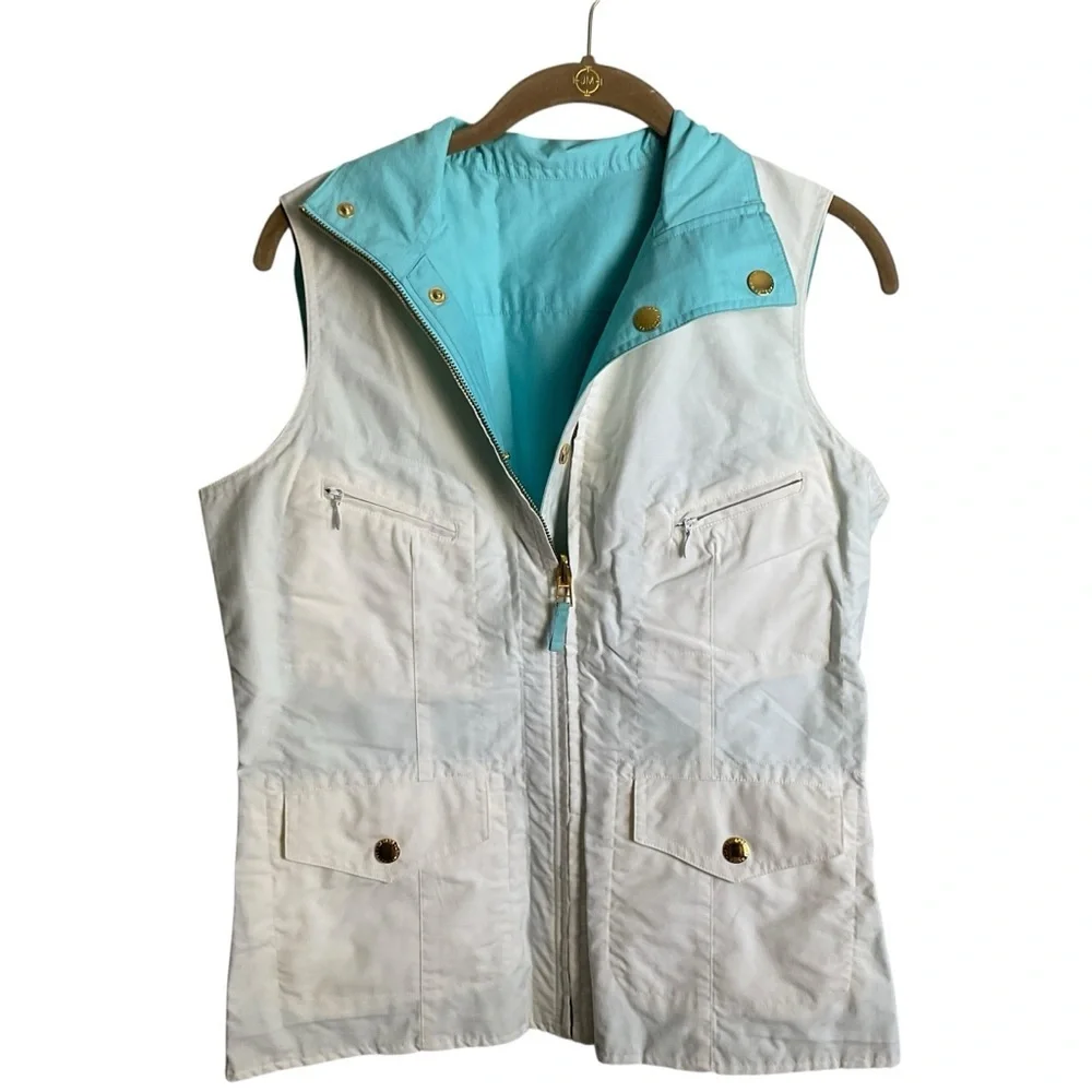 Ralph Lauren Reversible Vest Ivory Aqua Blue Gold Hardware Size Medium - Picture 8 of 15
